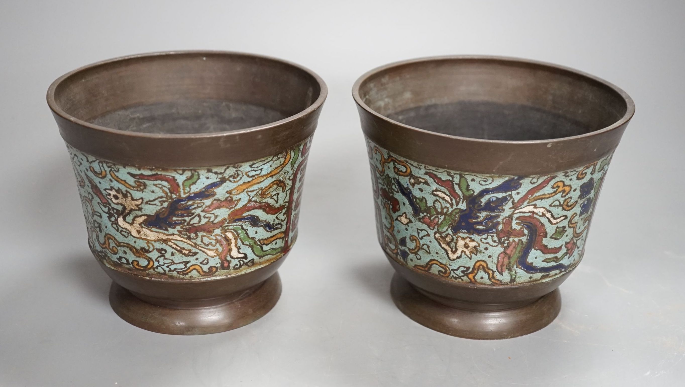 A pair of Japanese bronze and champleve enamel pots - 12cm tall